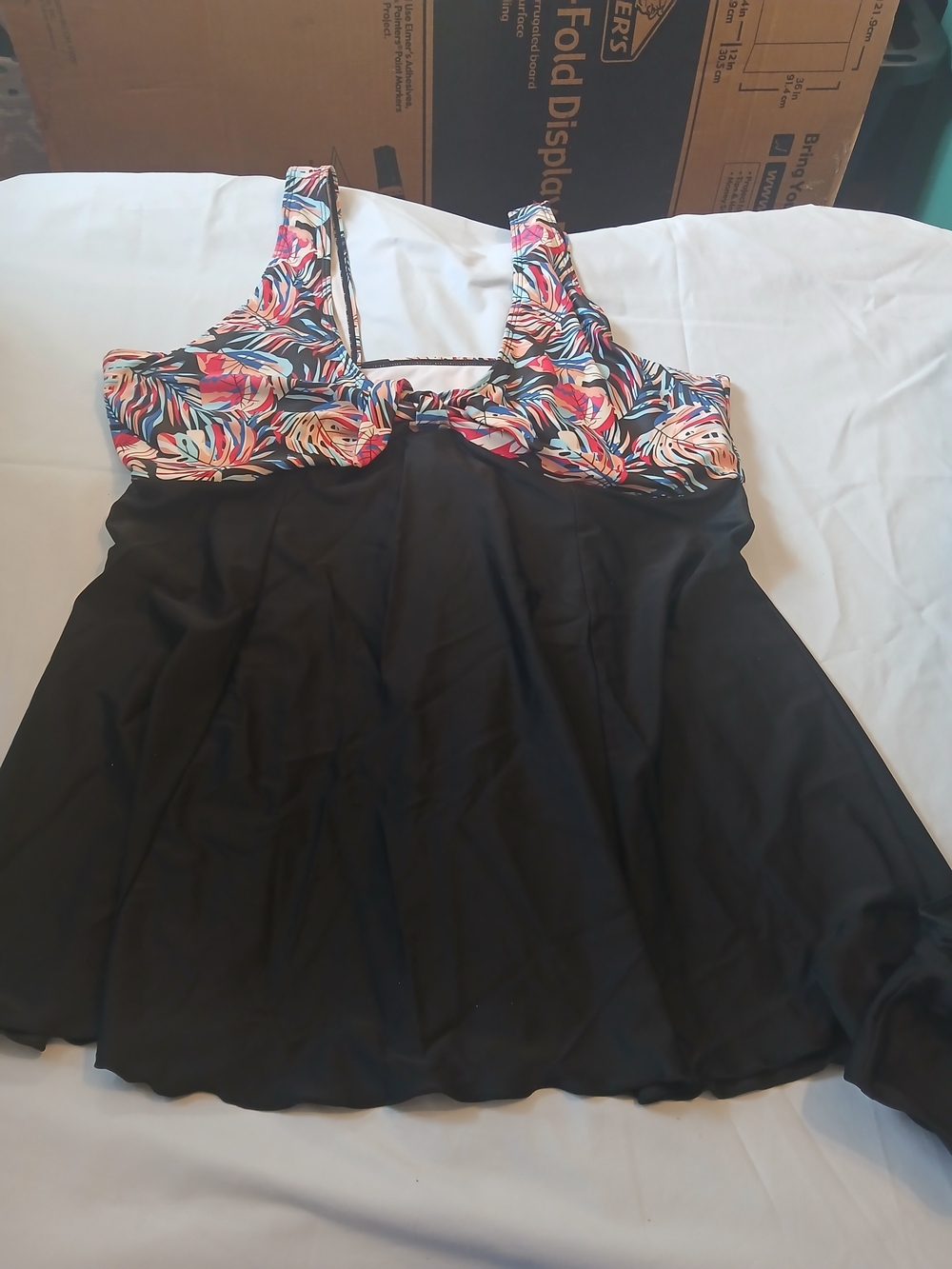 Black Swimdress with Multicolor Tropical Print Top And Bottoms